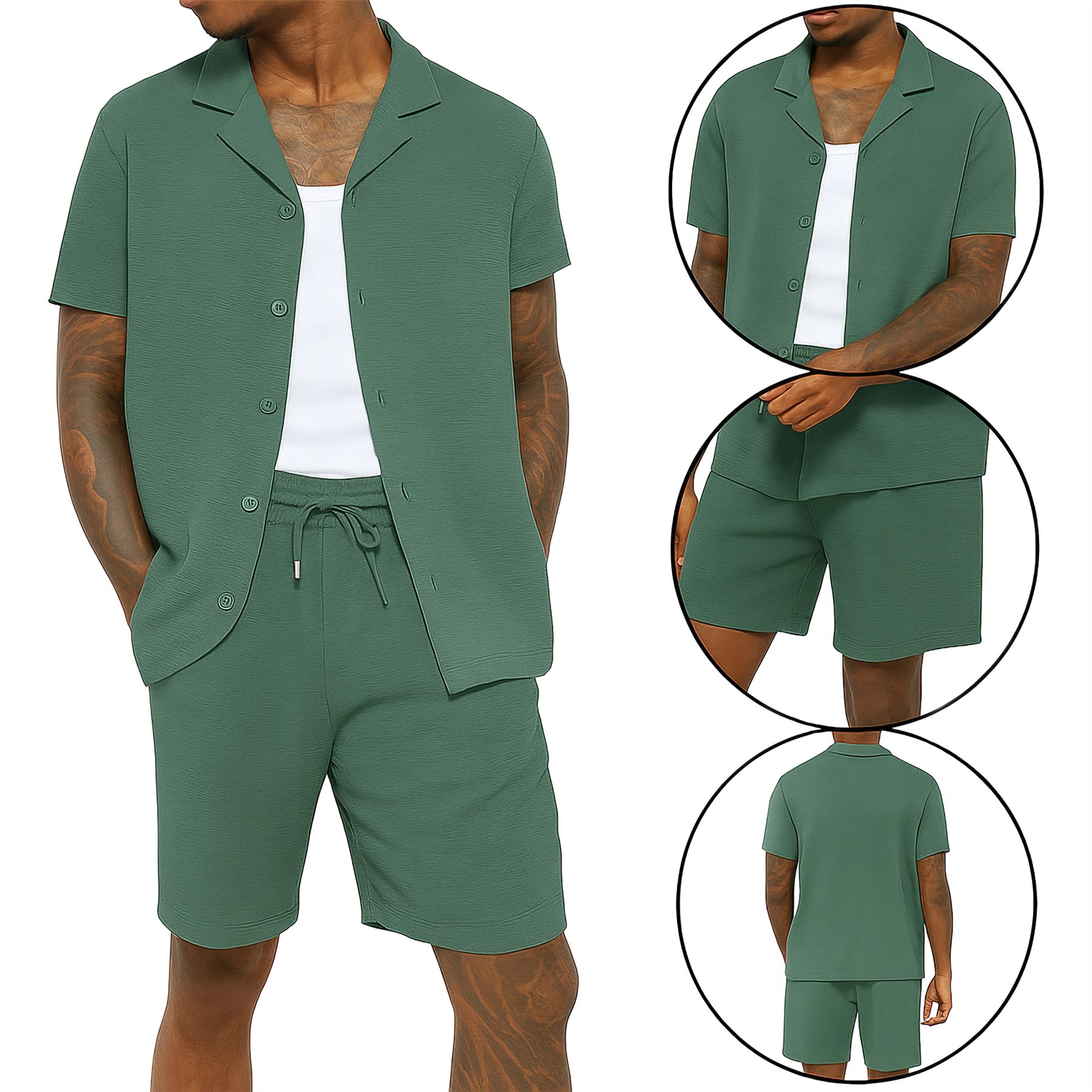 Mens Summer Cotton Crinkle Shirt & Shorts Outfit 2 Piece Short Sleeve Shirt Set - Bild 4 von 10