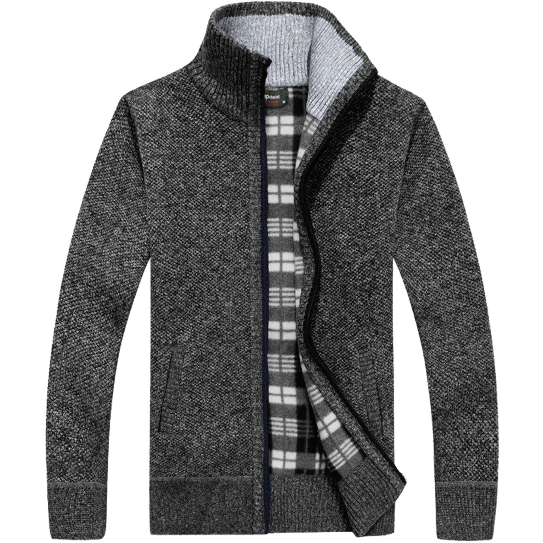 Mens Winter Funnel Collar Zip Up Thick Fleece Lined Knitted Cardigan Jumper Top - Picture 4 of 12