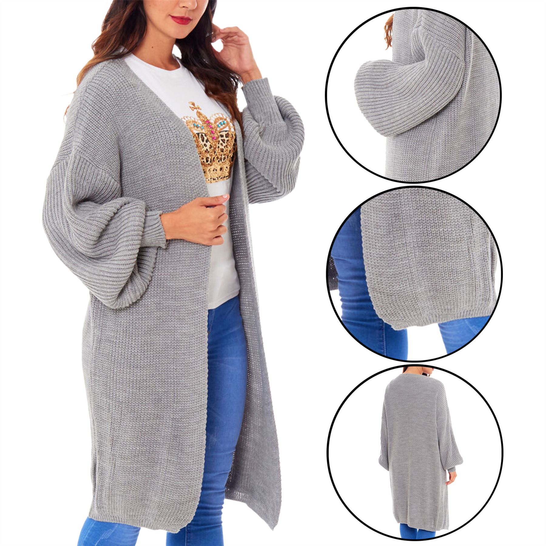 Women Chunky Knitted Oversized Cardigan Ladies Balloon Sleeve Long Maxi Cardigan - Picture 11 of 23