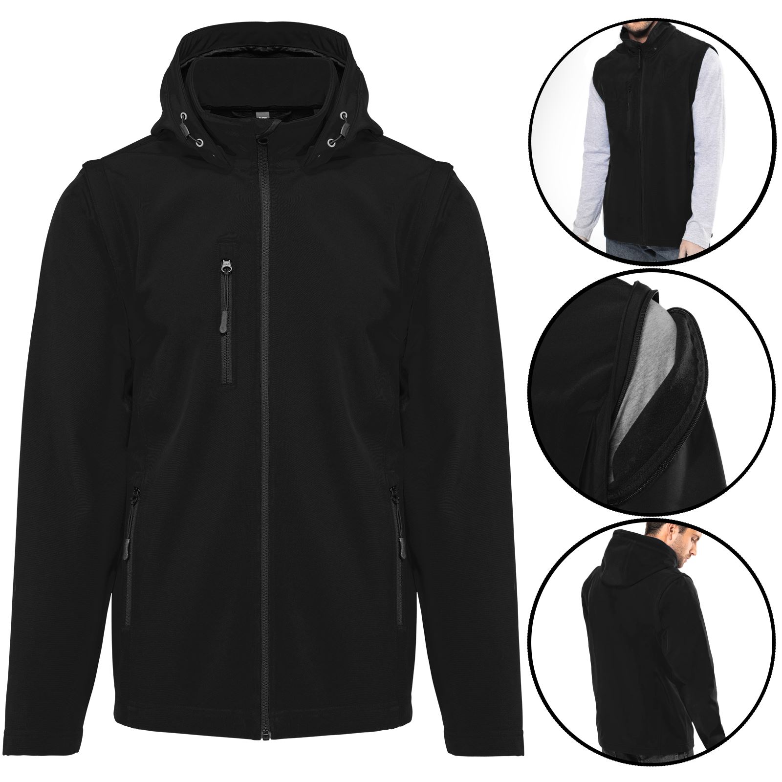 Mens Soft Shell Fleece Lined Waterproof Removable Zip Off Sleeves & Hood Jacket - Picture 3 of 8