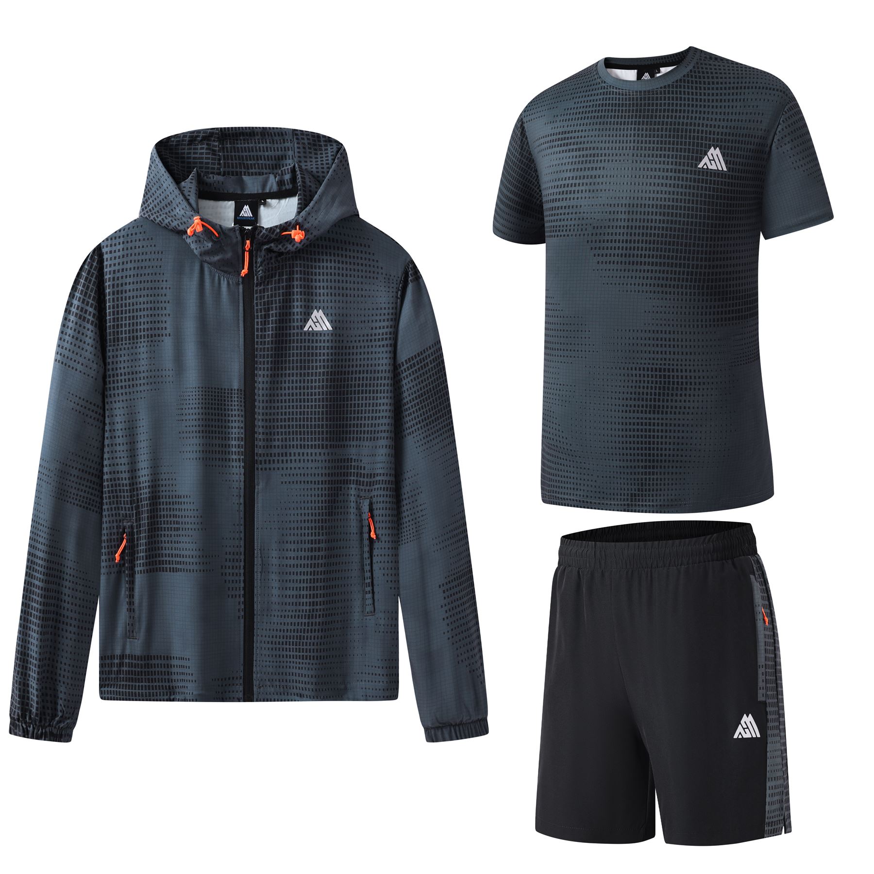 3 Piece Mens Hooded Gym Set Tracksuit Breathable 4 Way Stretch Shorts T Shirt