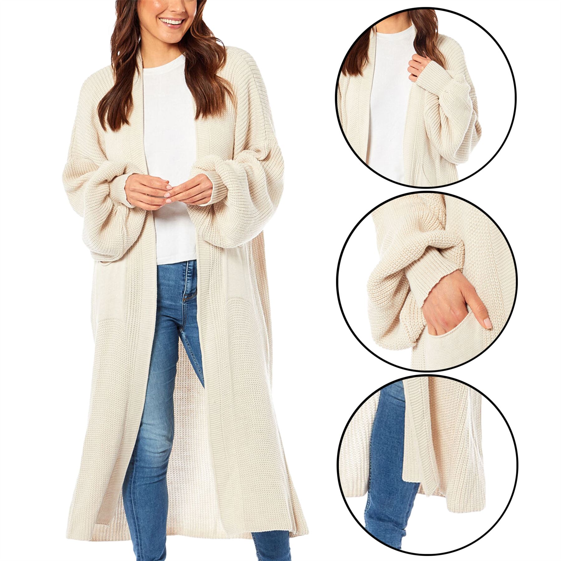 Women Chunky Knitted Oversized Cardigan Ladies Balloon Sleeve Long Maxi Cardigan - Picture 7 of 23