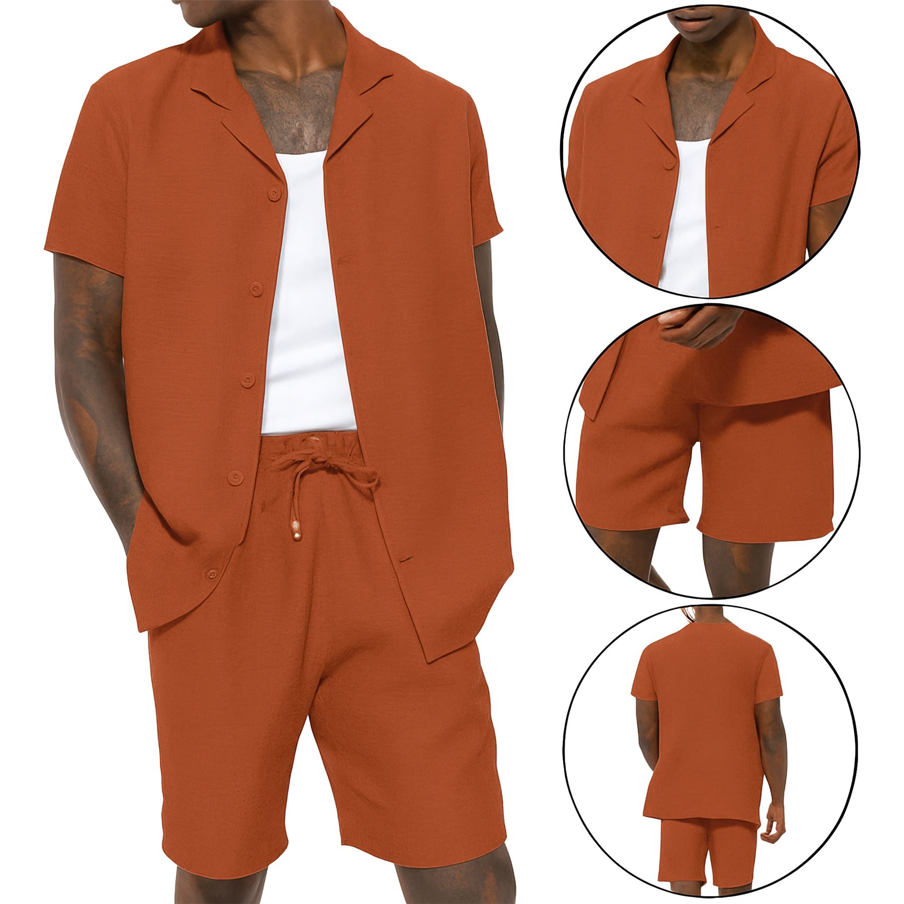 Mens Summer Cotton Crinkle Shirt & Shorts Outfit 2 Piece Short Sleeve Shirt Set - Bild 9 von 10