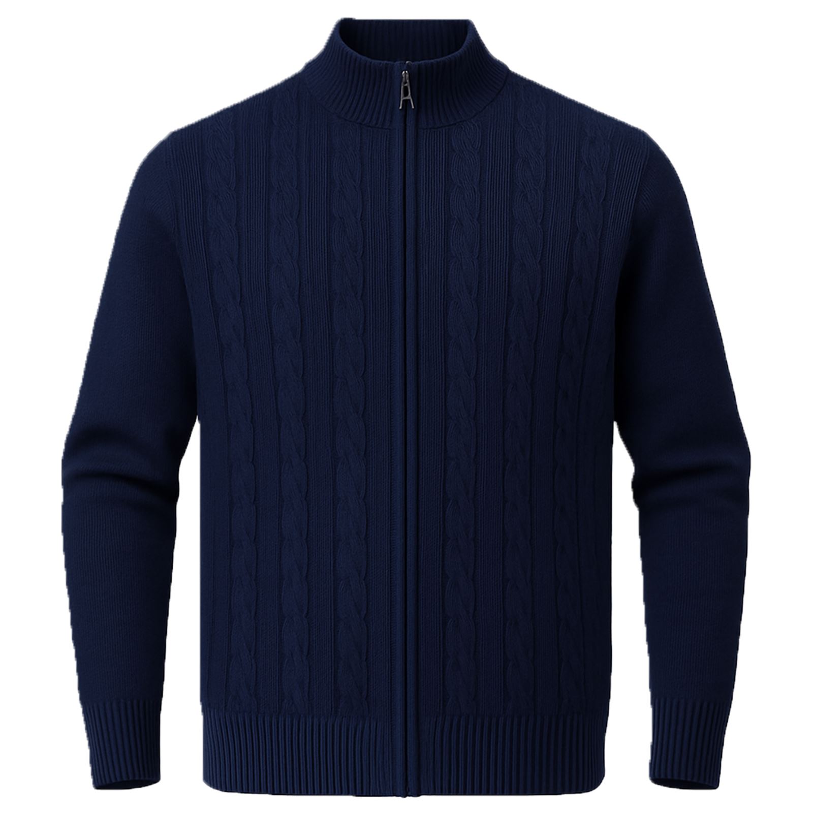Mens Full Zip Cable Knit Cardigan Textured High Neck Jumper Smart Warm Sweater
