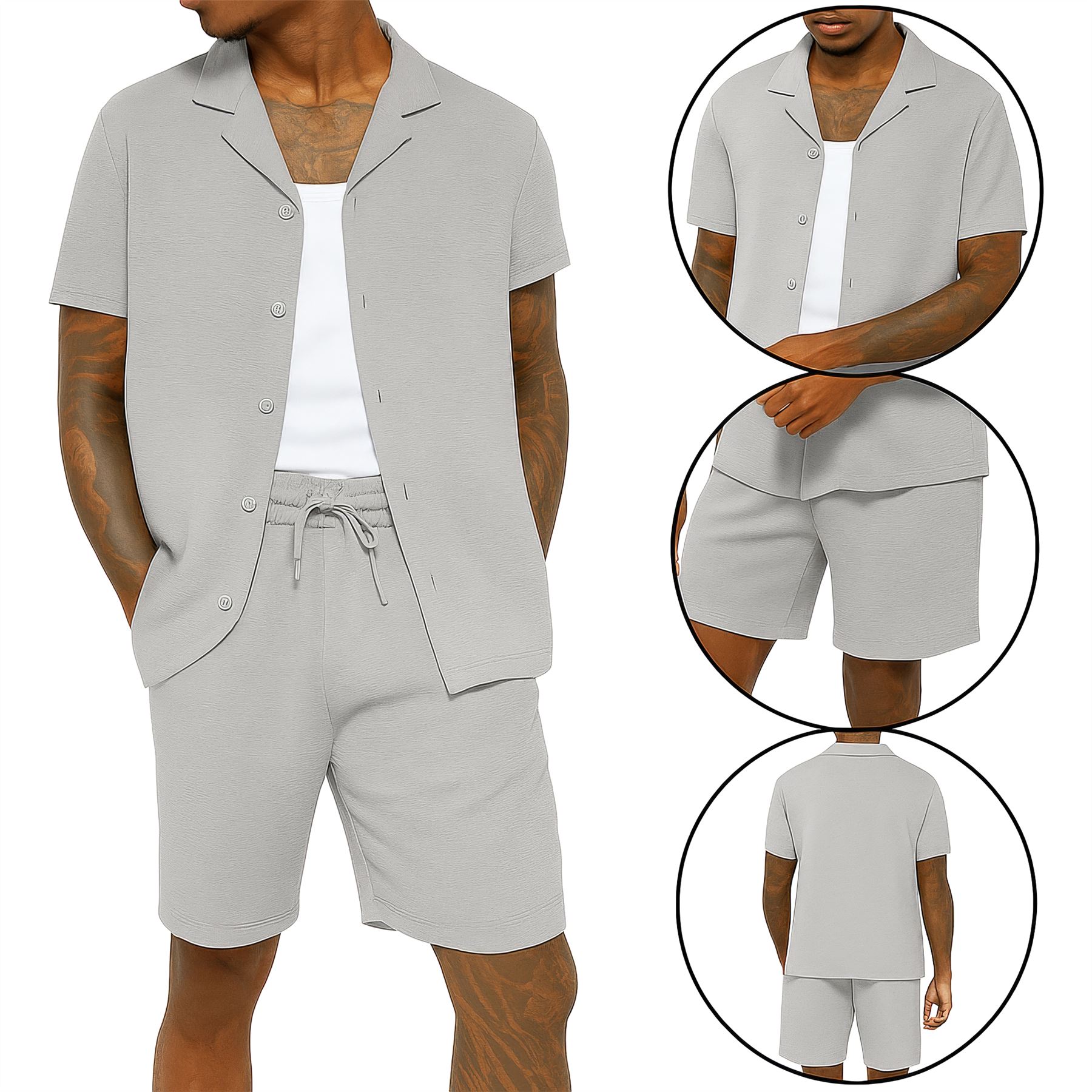 Mens Summer Cotton Crinkle Shirt & Shorts Outfit 2 Piece Short Sleeve Shirt Set - Bild 10 von 10