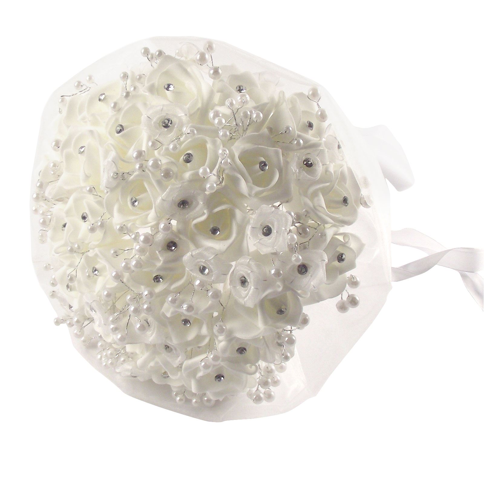 Rosebud, Diamante and Pearl Bridal Bouquet Artificial Wedding Flowers