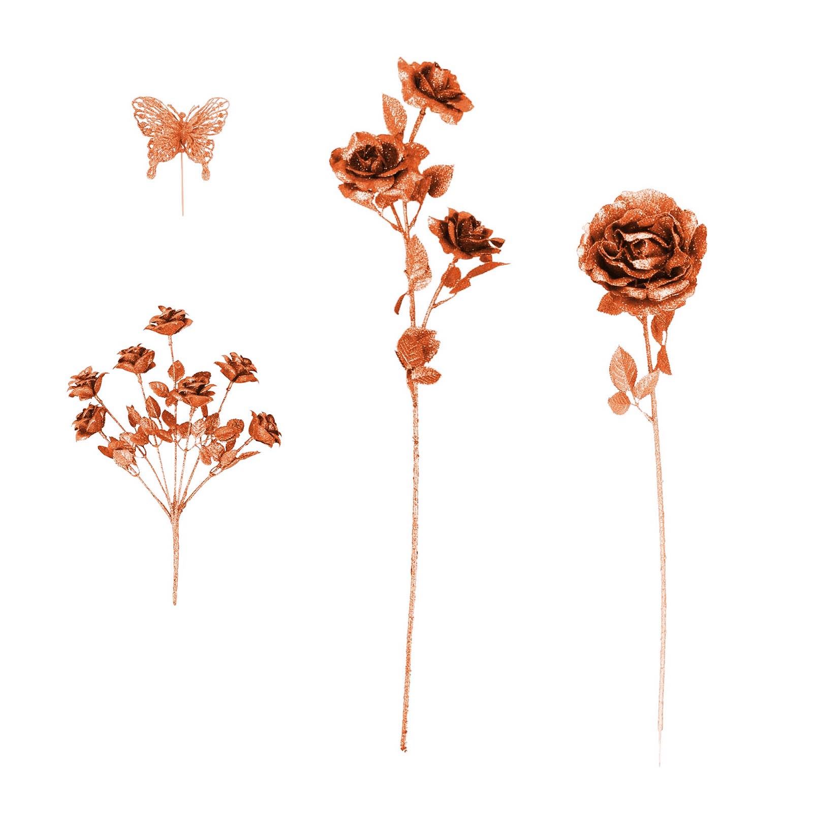 Heavy Glittered 3 Head Rose Spray - Artificial Glitter Glittery Flowers Fake - Picture 18 of 69