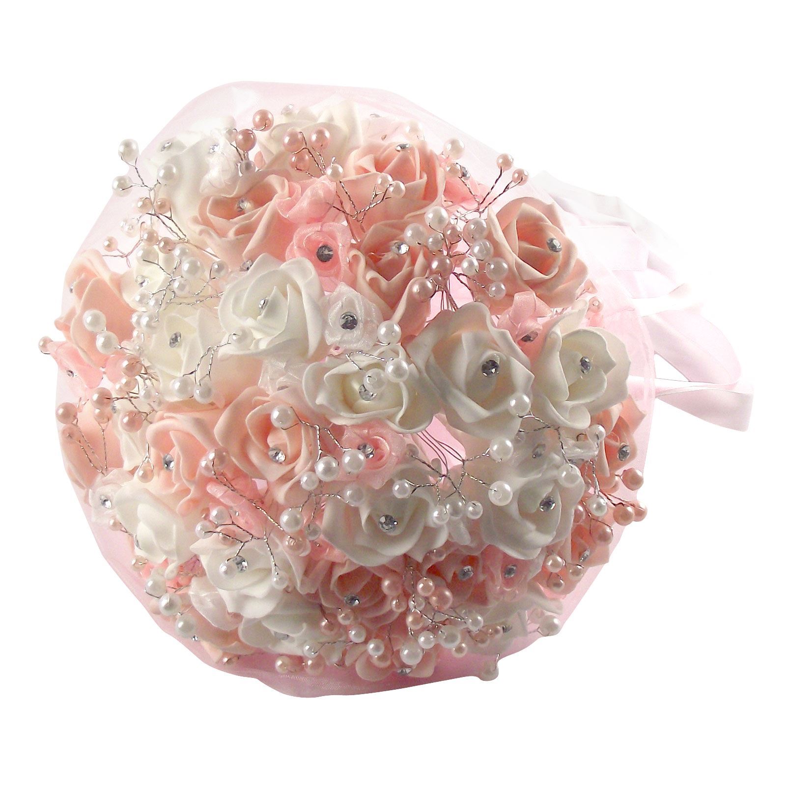 Rosebud, Diamante and Pearl Bridal Bouquet Artificial Wedding Flowers - Picture 7 of 10