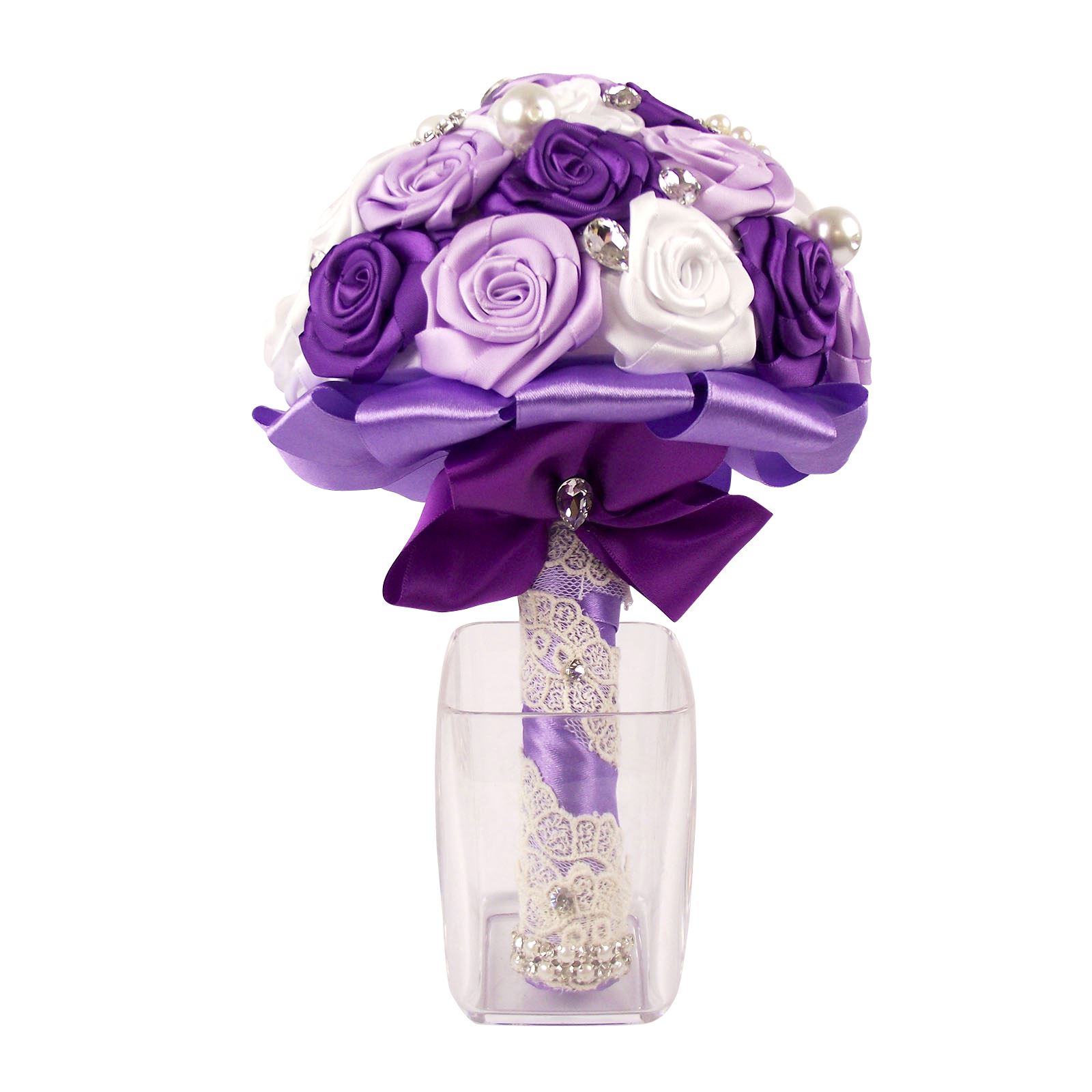 ¡Ramo de satén premium hecho a mano! Posy falso hecho por novia con broche de cristal - Imagen 11 de 23