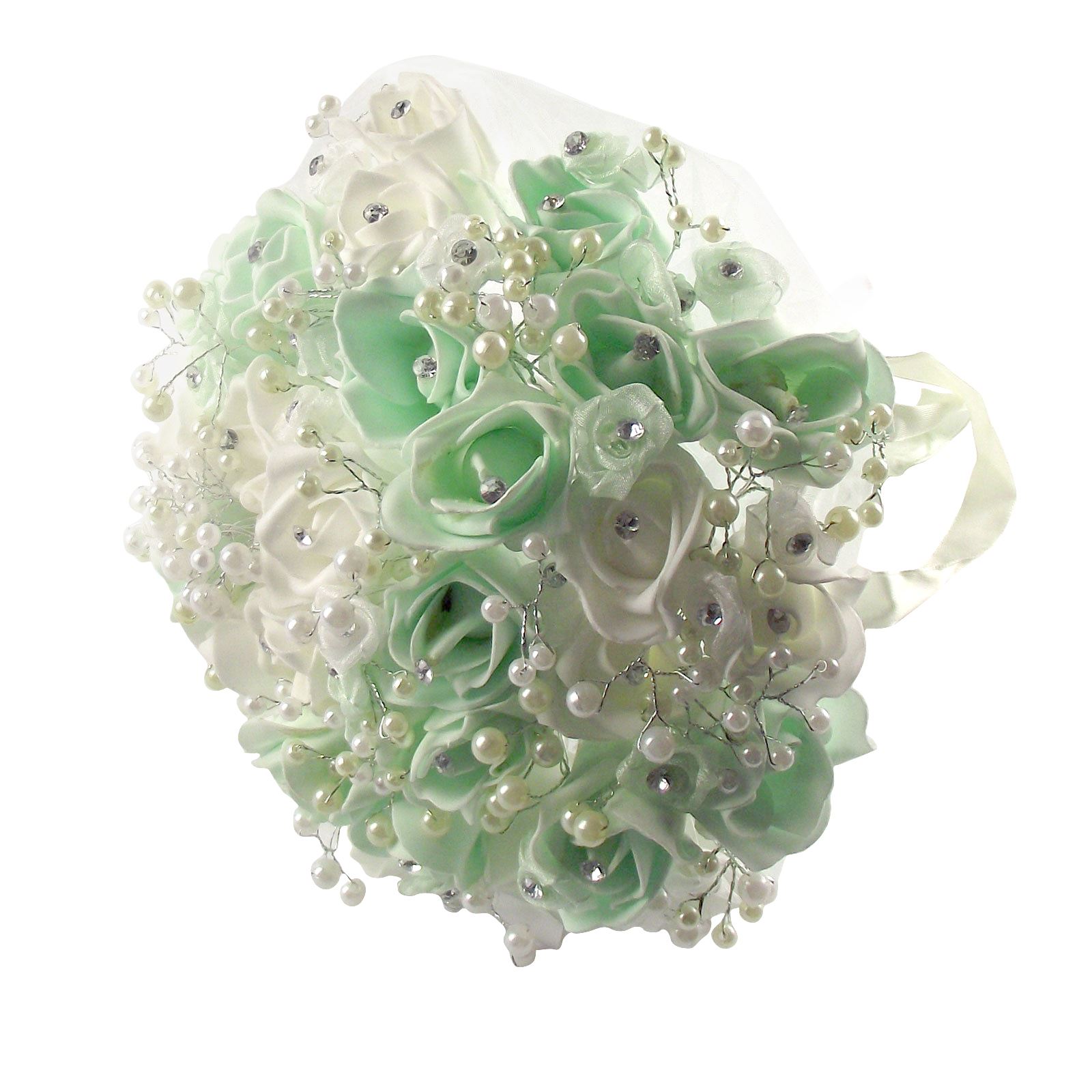 Rosebud, Diamante and Pearl Bridal Bouquet Artificial Wedding Flowers - Picture 4 of 10