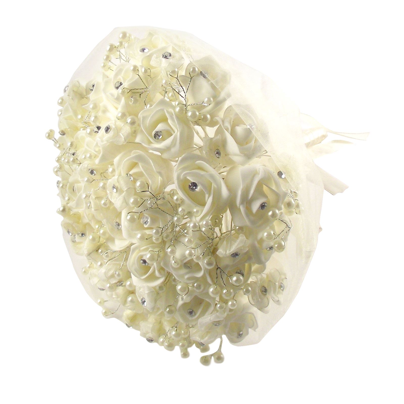 Rosebud, Diamante and Pearl Bridal Bouquet Artificial Wedding Flowers - Picture 5 of 10