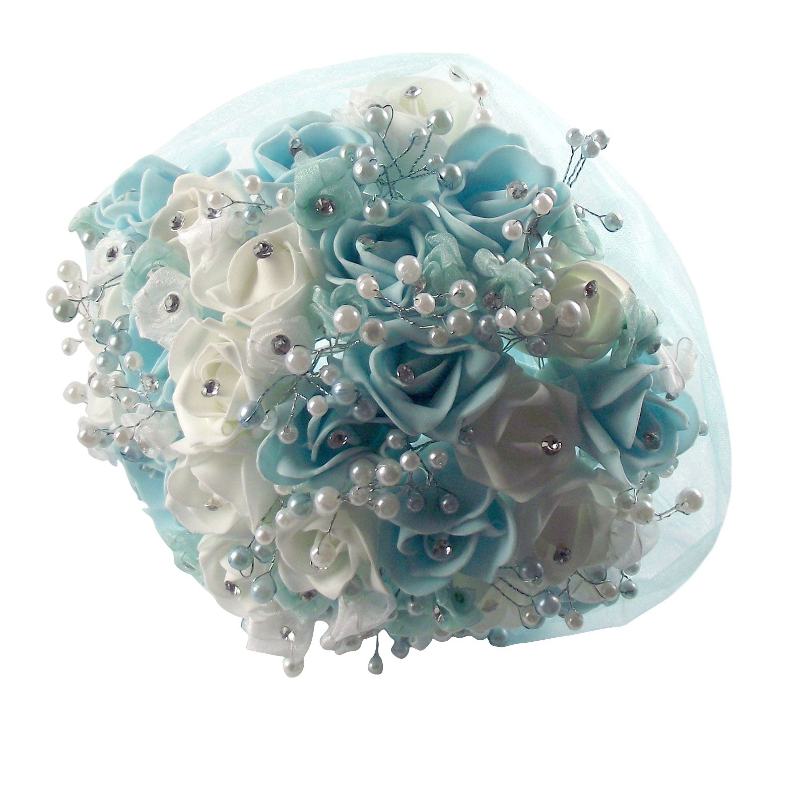 Rosebud, Diamante and Pearl Bridal Bouquet Artificial Wedding Flowers - Picture 2 of 10