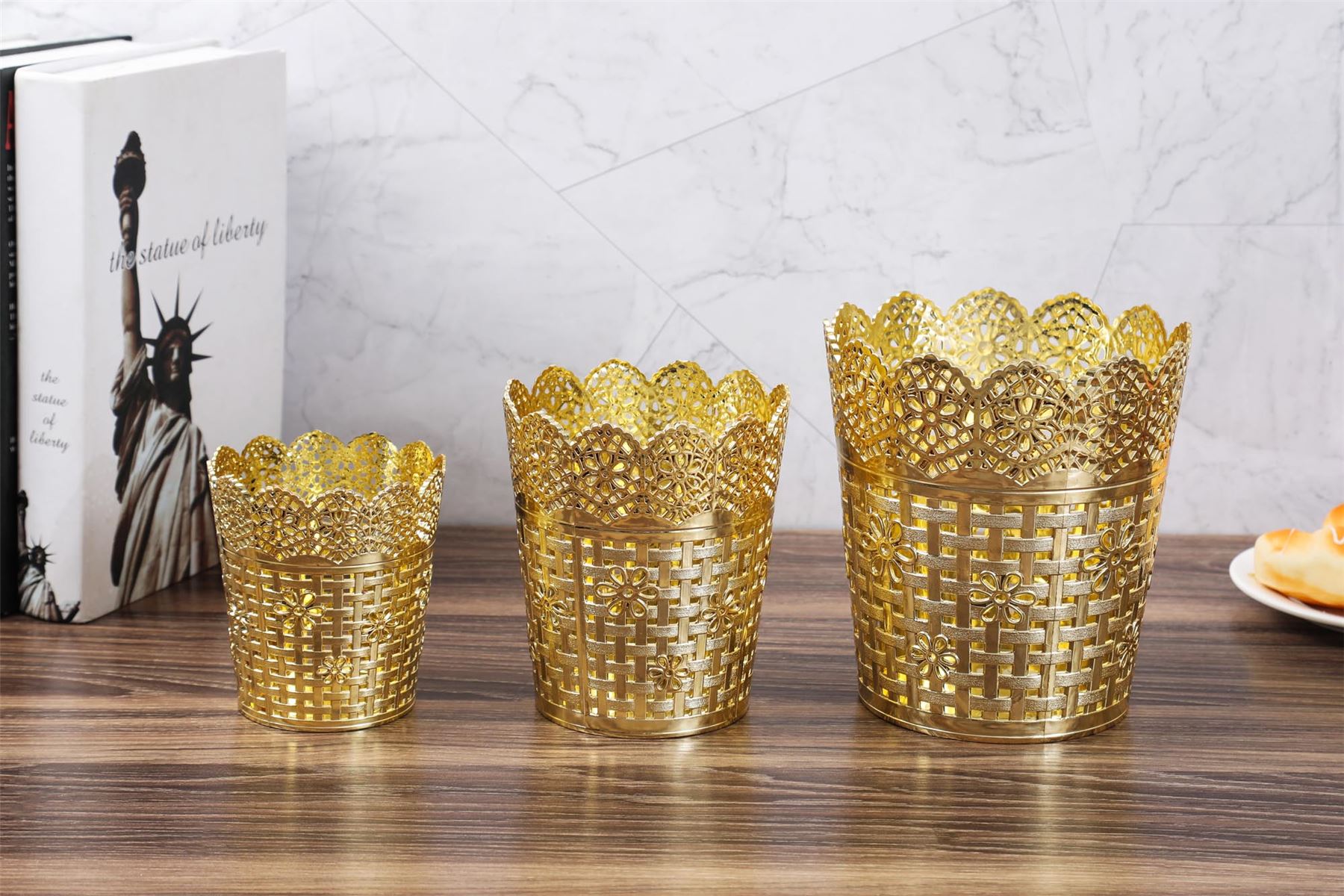 Oro metálico plástico pastel soporte cesta bandeja planta maceta metálica boda - Imagen 16 de 19