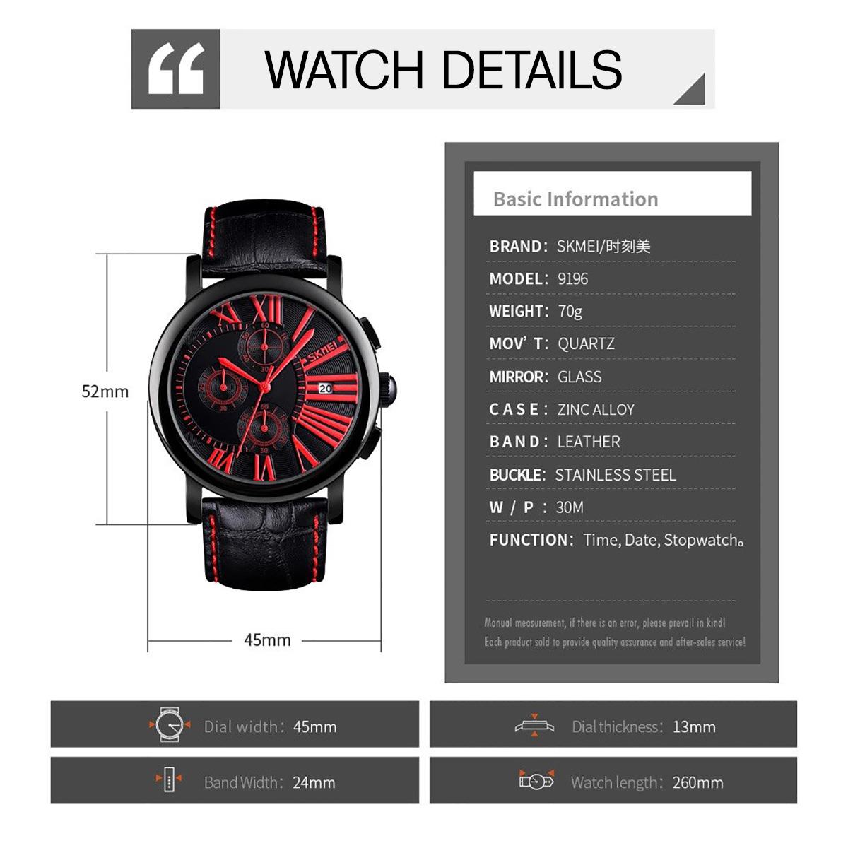 Skmei Mens Black Watch Chronograph Genuine Leather Strap Date Display Roman - Picture 23 of 31