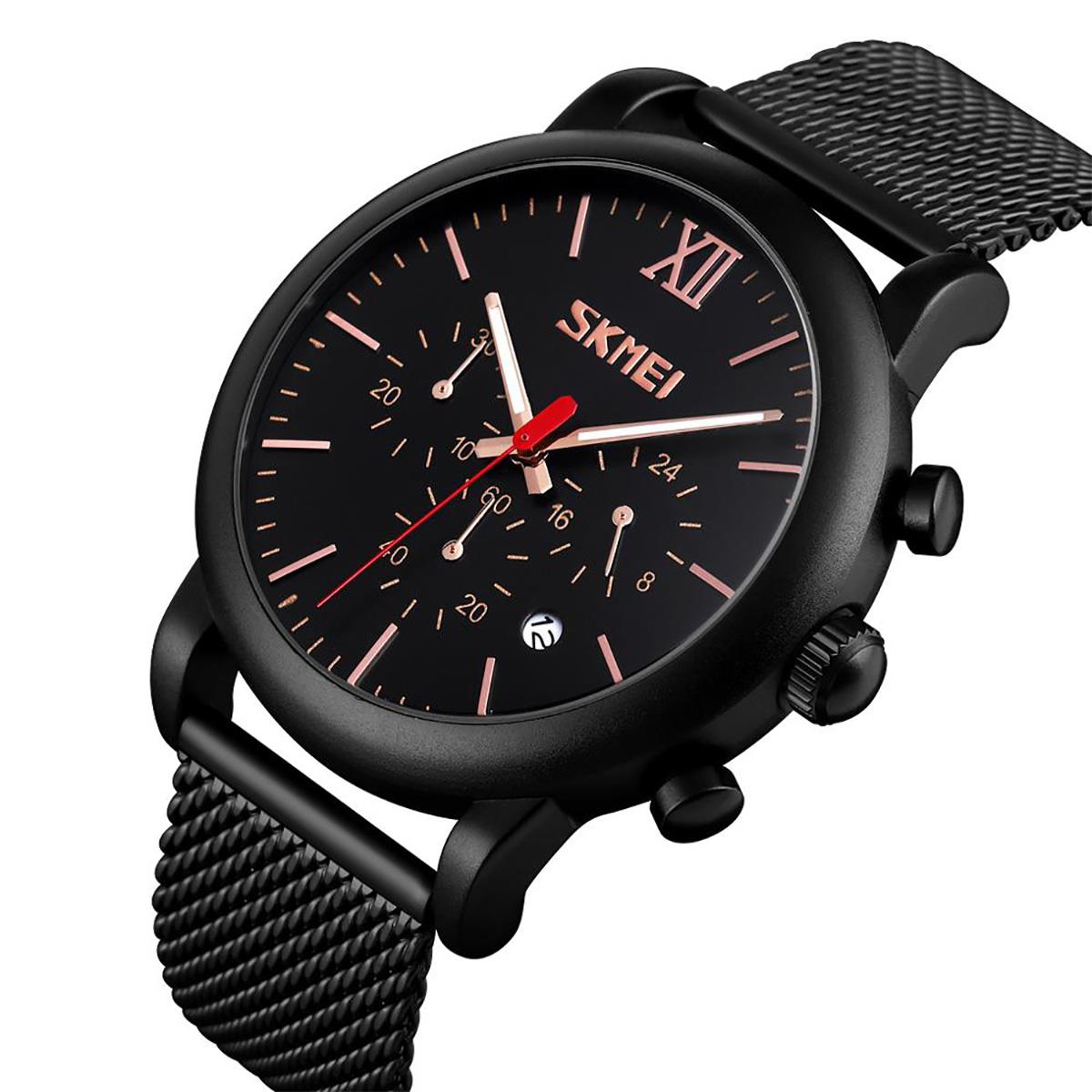 Mens Black Chrono Watch High Quality Mesh Strap Clear Date Display UK Dispatch - Picture 3 of 19