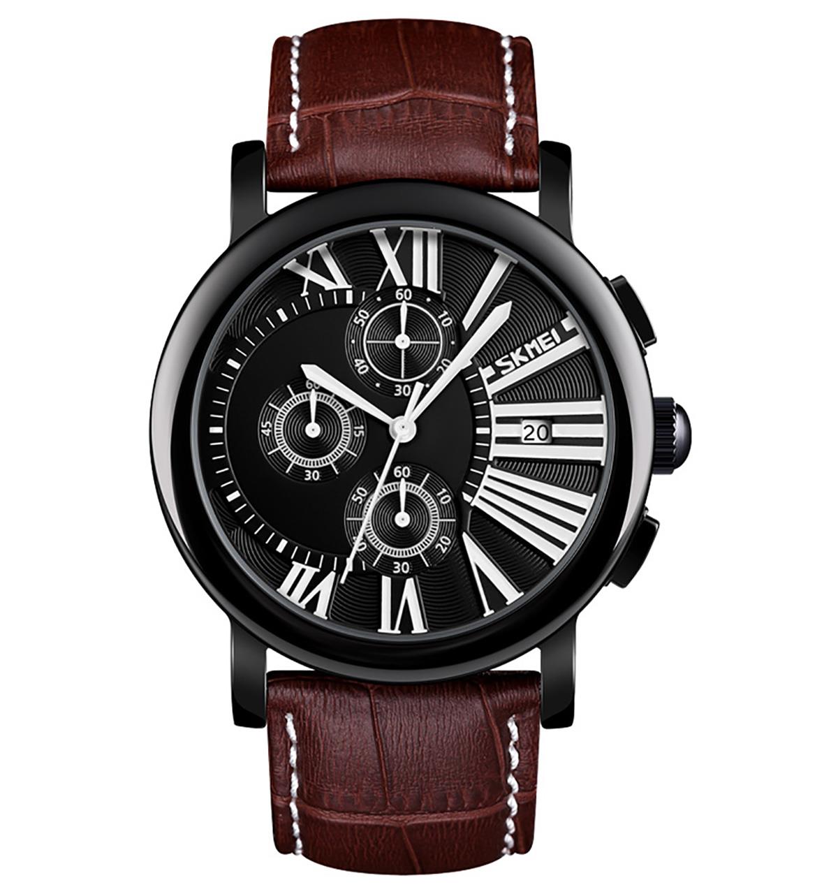 Skmei Mens Black Watch Chronograph Genuine Leather Strap Date Display Roman - Picture 3 of 31