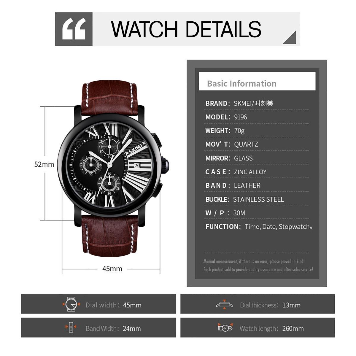 Skmei Mens Black Watch Chronograph Genuine Leather Strap Date Display Roman - Picture 8 of 31