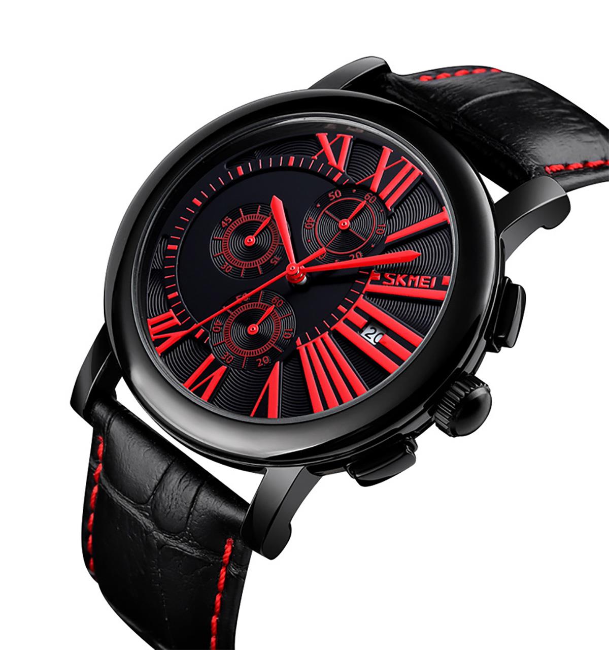 Skmei Mens Black Watch Chronograph Genuine Leather Strap Date Display Roman - Picture 18 of 31