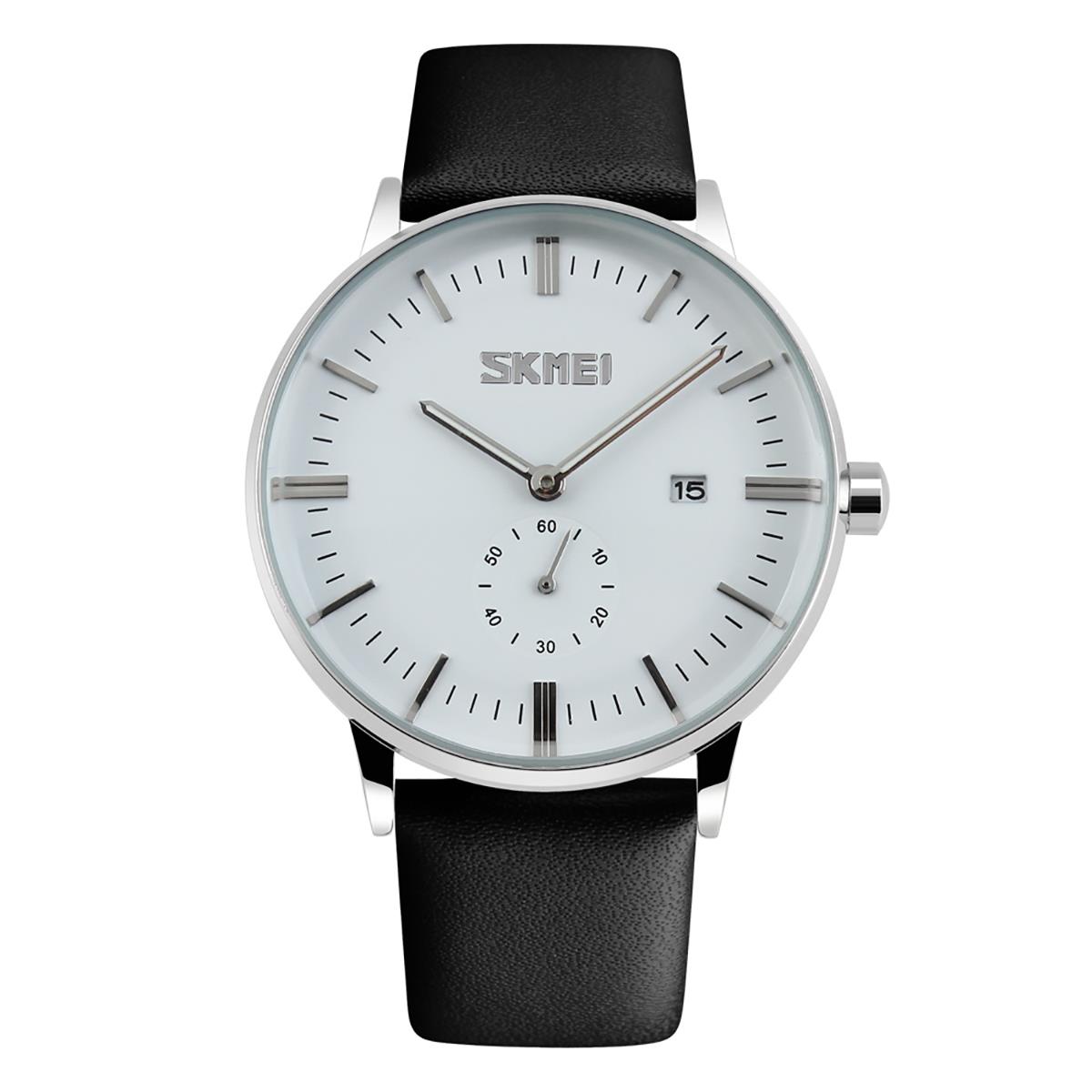 Mens Watch Genuine Leather Clear Date Display 4 Colours White Blue Black Brown