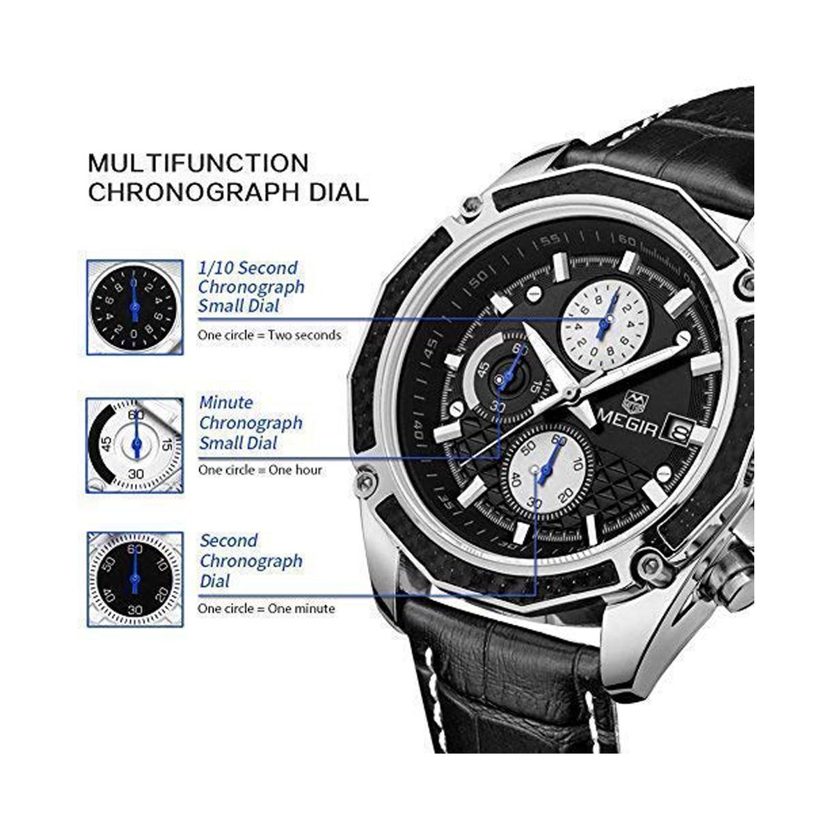 Reloj analógico redondo de cuarzo para hombre Megir negro plateado fecha relojes inteligentes cuero - Imagen 8 de 13