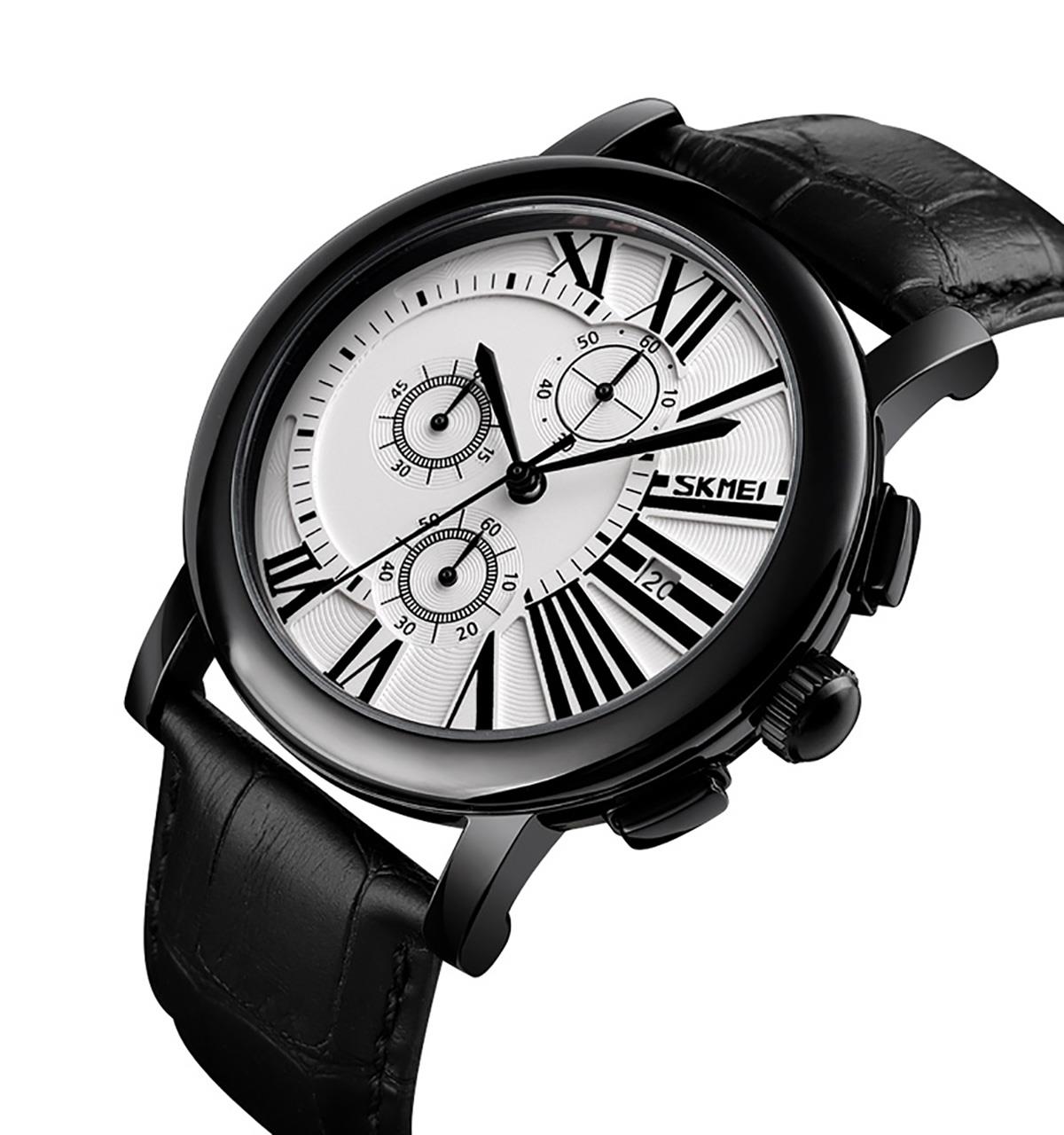 Skmei Mens Black Watch Chronograph Genuine Leather Strap Date Display Roman - Picture 26 of 31