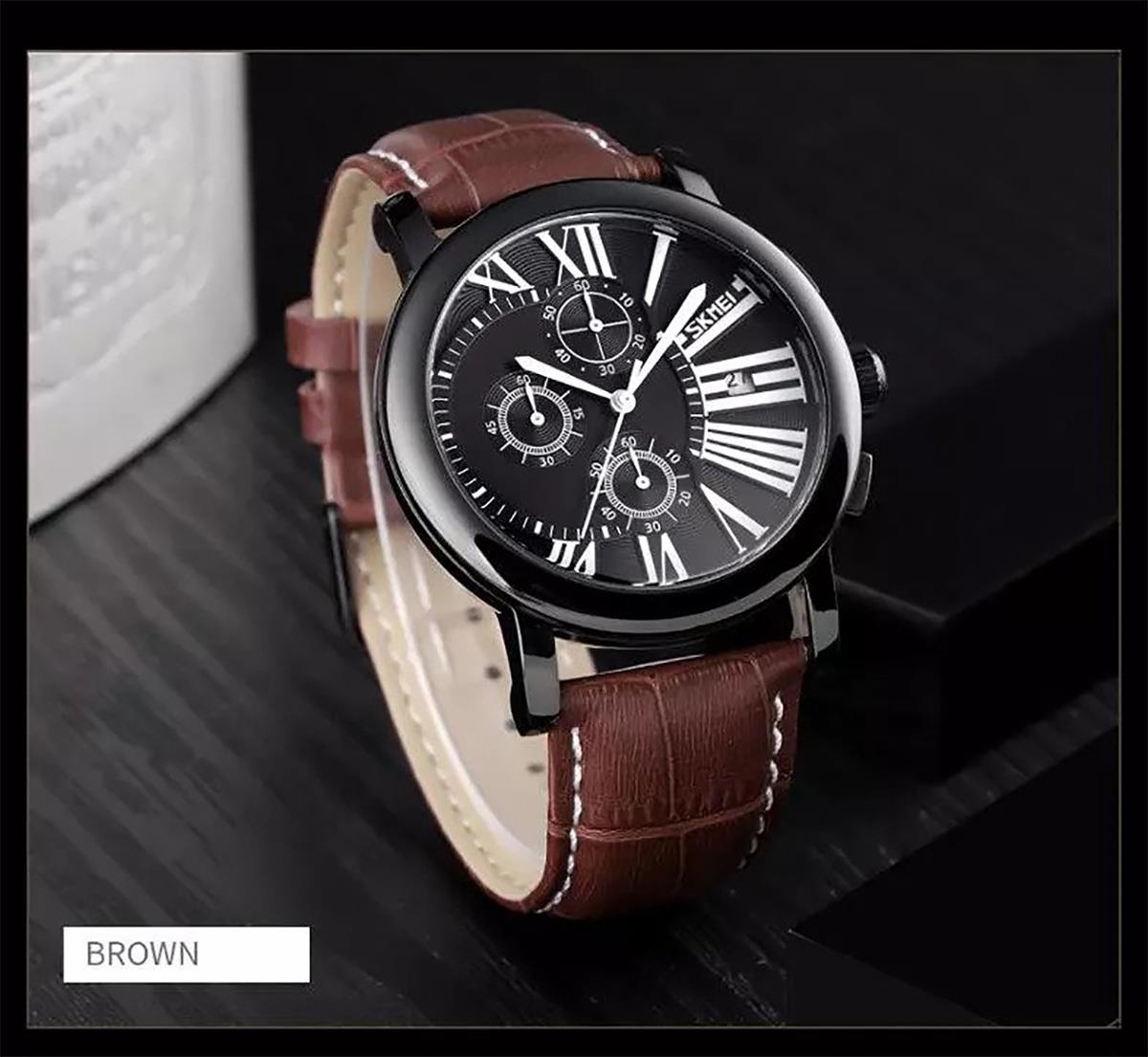 Skmei Mens Black Watch Chronograph Genuine Leather Strap Date Display Roman - Picture 5 of 31