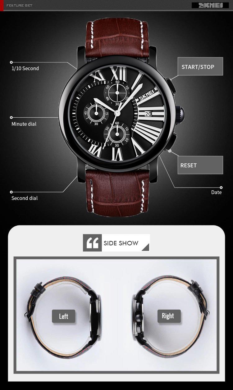 Skmei Mens Black Watch Chronograph Genuine Leather Strap Date Display Roman - Picture 6 of 31