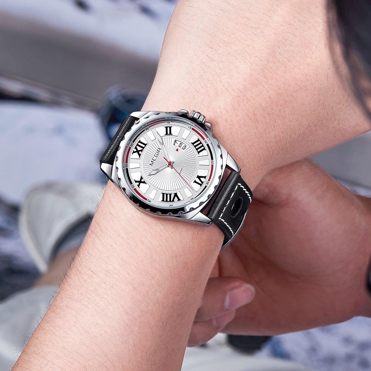 Reloj analógico redondo de cuarzo Megir para hombre niños negro plateado rojo fecha relojes Reino Unido - Imagen 9 de 13