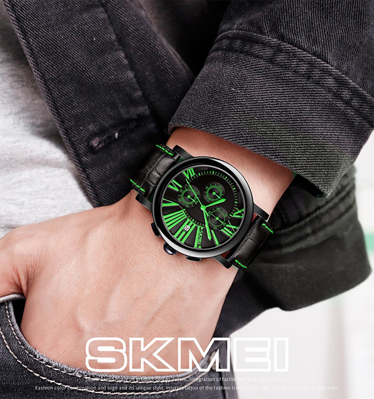 Skmei Mens Black Watch Chronograph Genuine Leather Strap Date Display Roman - Picture 16 of 31