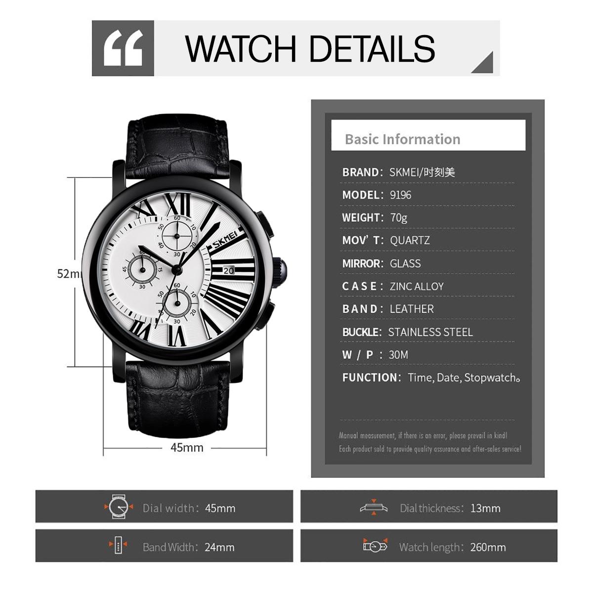 Skmei Mens Black Watch Chronograph Genuine Leather Strap Date Display Roman - Picture 28 of 31