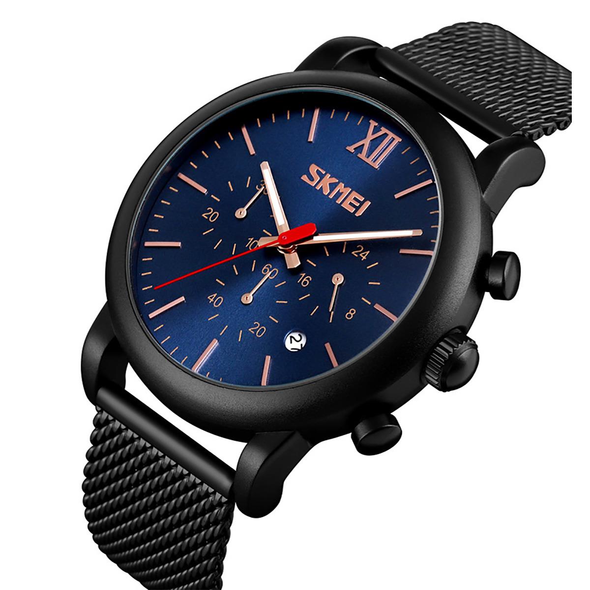Mens Black Chrono Watch High Quality Mesh Strap Clear Date Display UK Dispatch - Picture 9 of 19