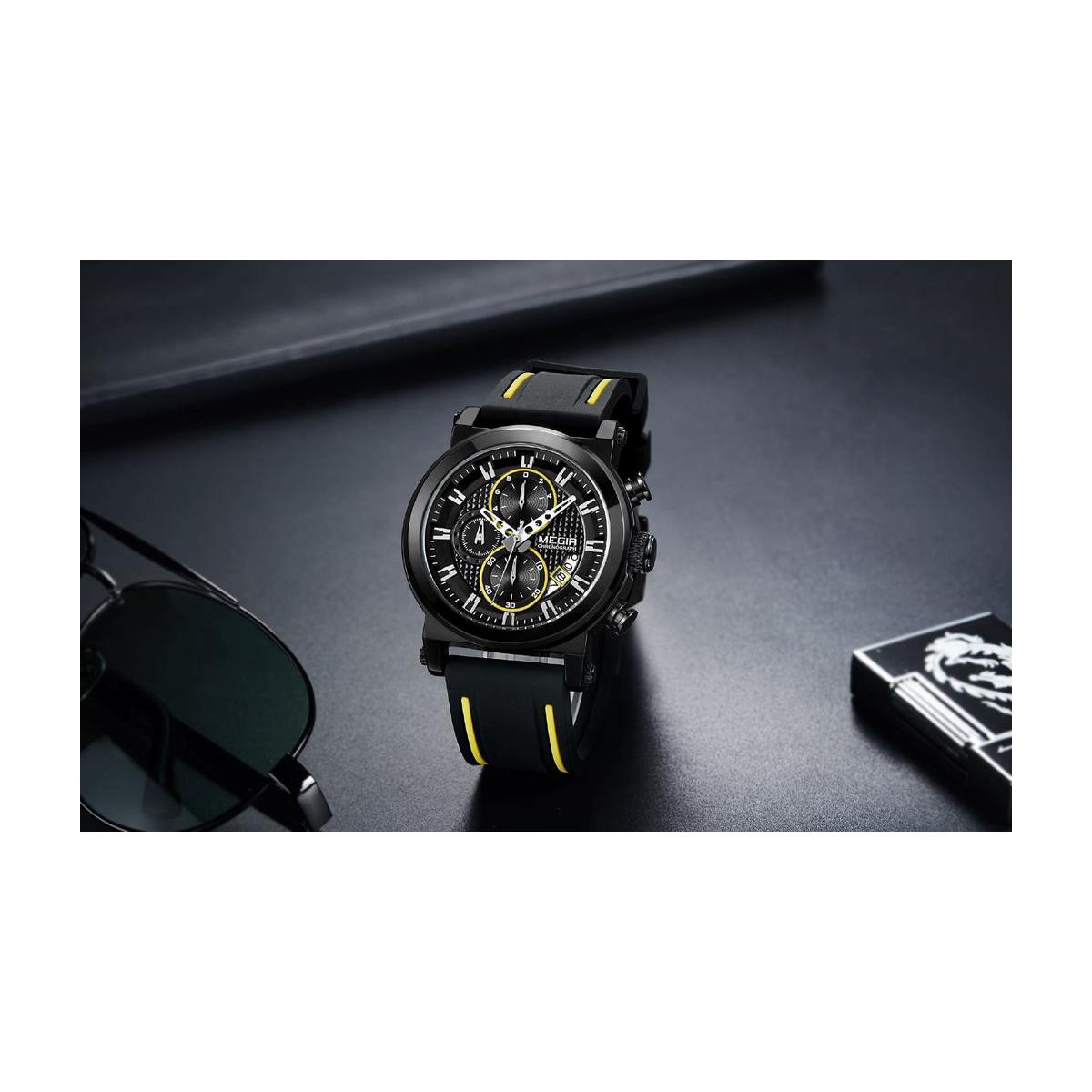 Megir Mens Round Quartz Analogue Luxury Watch Black Yellow Watches Rubber Strap - Picture 6 of 10
