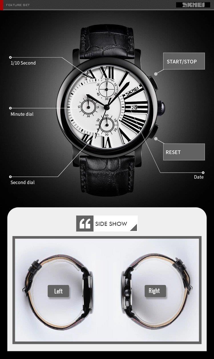 Skmei Mens Black Watch Chronograph Genuine Leather Strap Date Display Roman - Picture 30 of 31