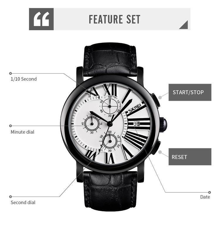Skmei Mens Black Watch Chronograph Genuine Leather Strap Date Display Roman - Picture 27 of 31