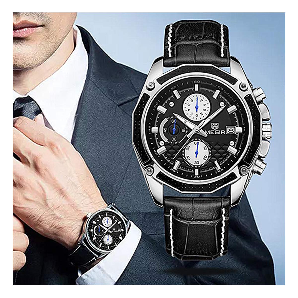 Reloj analógico redondo de cuarzo para hombre Megir negro plateado fecha relojes inteligentes cuero - Imagen 7 de 13