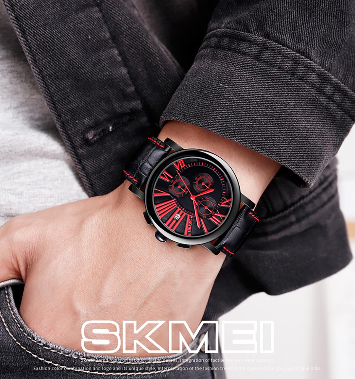 Skmei Mens Black Watch Chronograph Genuine Leather Strap Date Display Roman - Picture 19 of 31