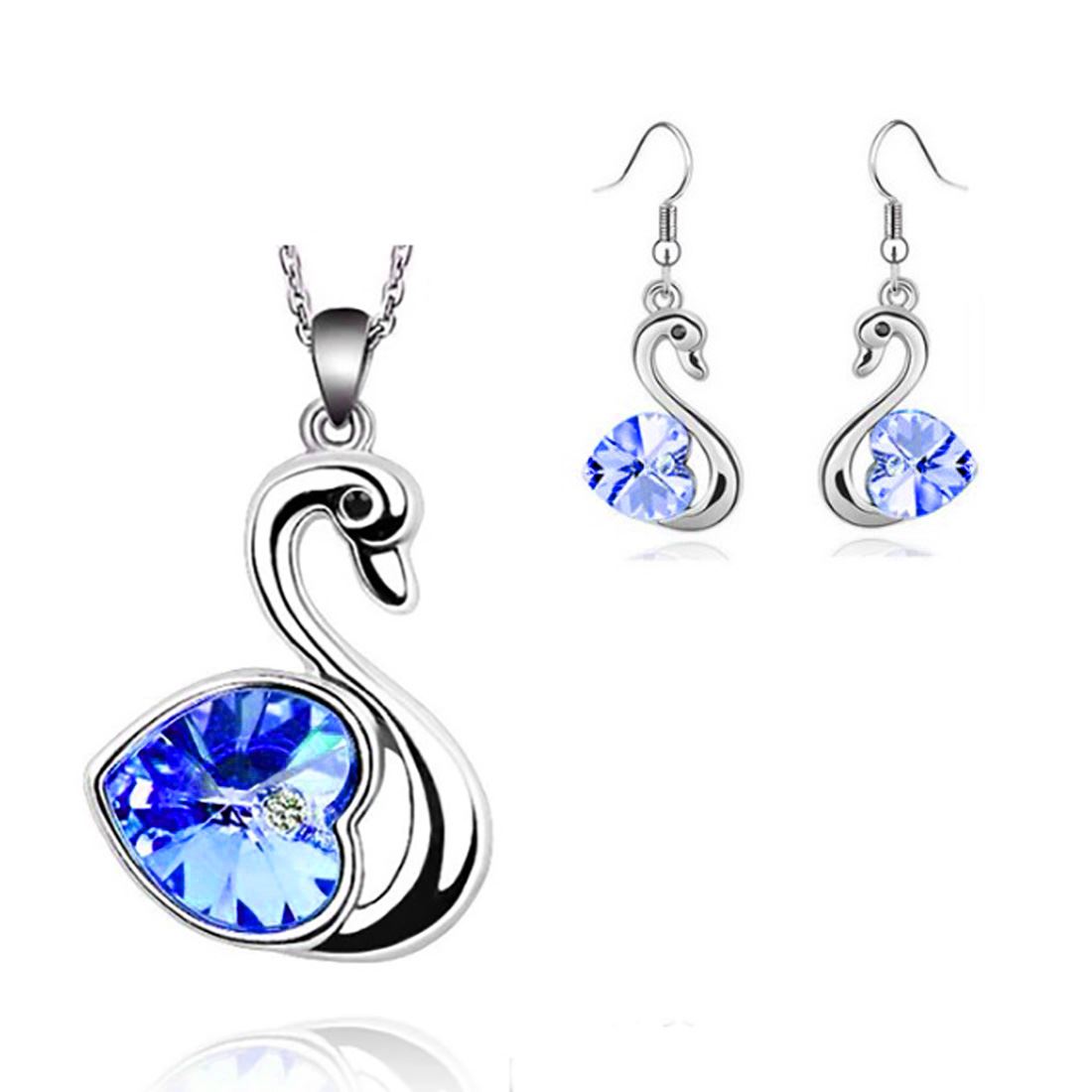 Amor Corazón De Cristal Azul Oscuro Joyería Set Collar Y Aretes Cisne Plata