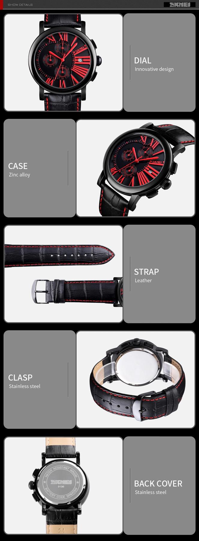 Skmei Mens Black Watch Chronograph Genuine Leather Strap Date Display Roman - Picture 24 of 31