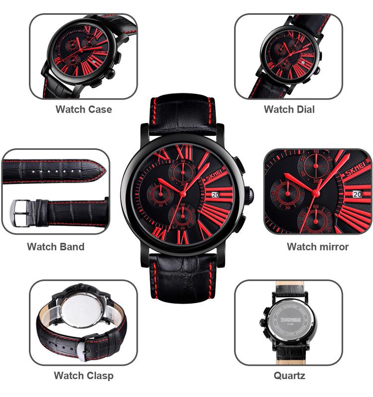 Skmei Mens Black Watch Chronograph Genuine Leather Strap Date Display Roman - Picture 21 of 31
