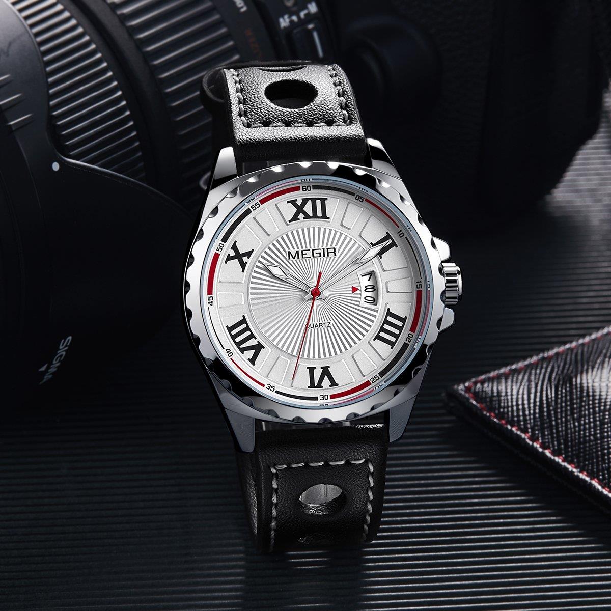 Reloj analógico redondo de cuarzo Megir para hombre niños negro plateado rojo fecha relojes Reino Unido - Imagen 6 de 13