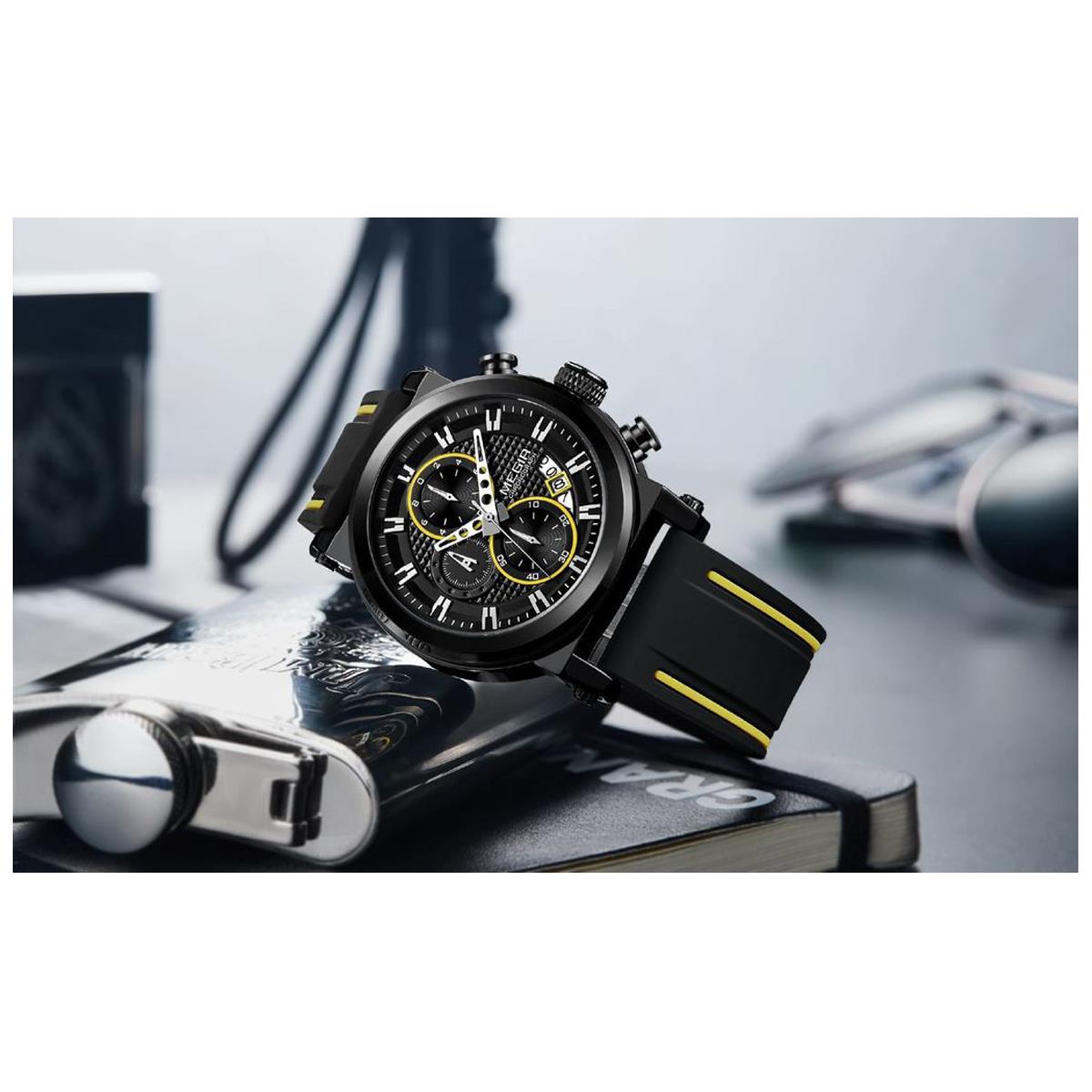 Megir Mens Round Quartz Analogue Luxury Watch Black Yellow Watches Rubber Strap - Picture 5 of 10
