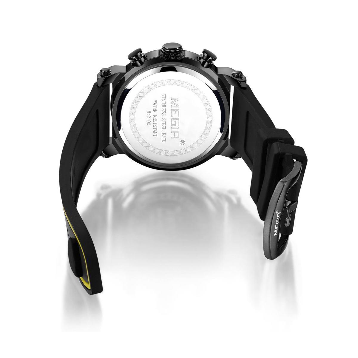 Megir Mens Round Quartz Analogue Luxury Watch Black Yellow Watches Rubber Strap - Picture 4 of 10