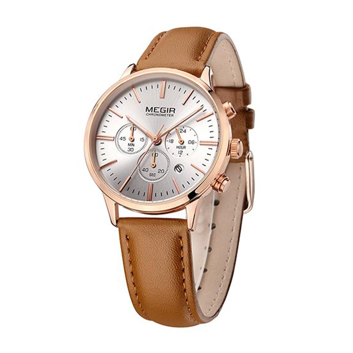 Megir Ladies Round Quartz Analogue Luxury Watch Rose Gold Relojes Brown Leather - Imagen 3 de 9