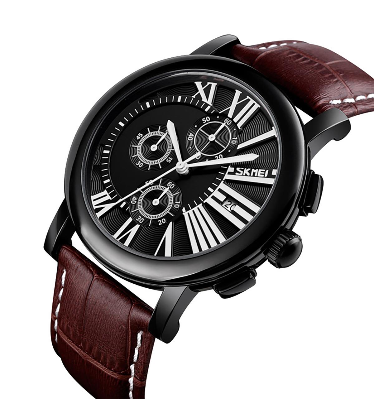 Skmei Mens Black Watch Chronograph Genuine Leather Strap Date Display Roman - Picture 4 of 31