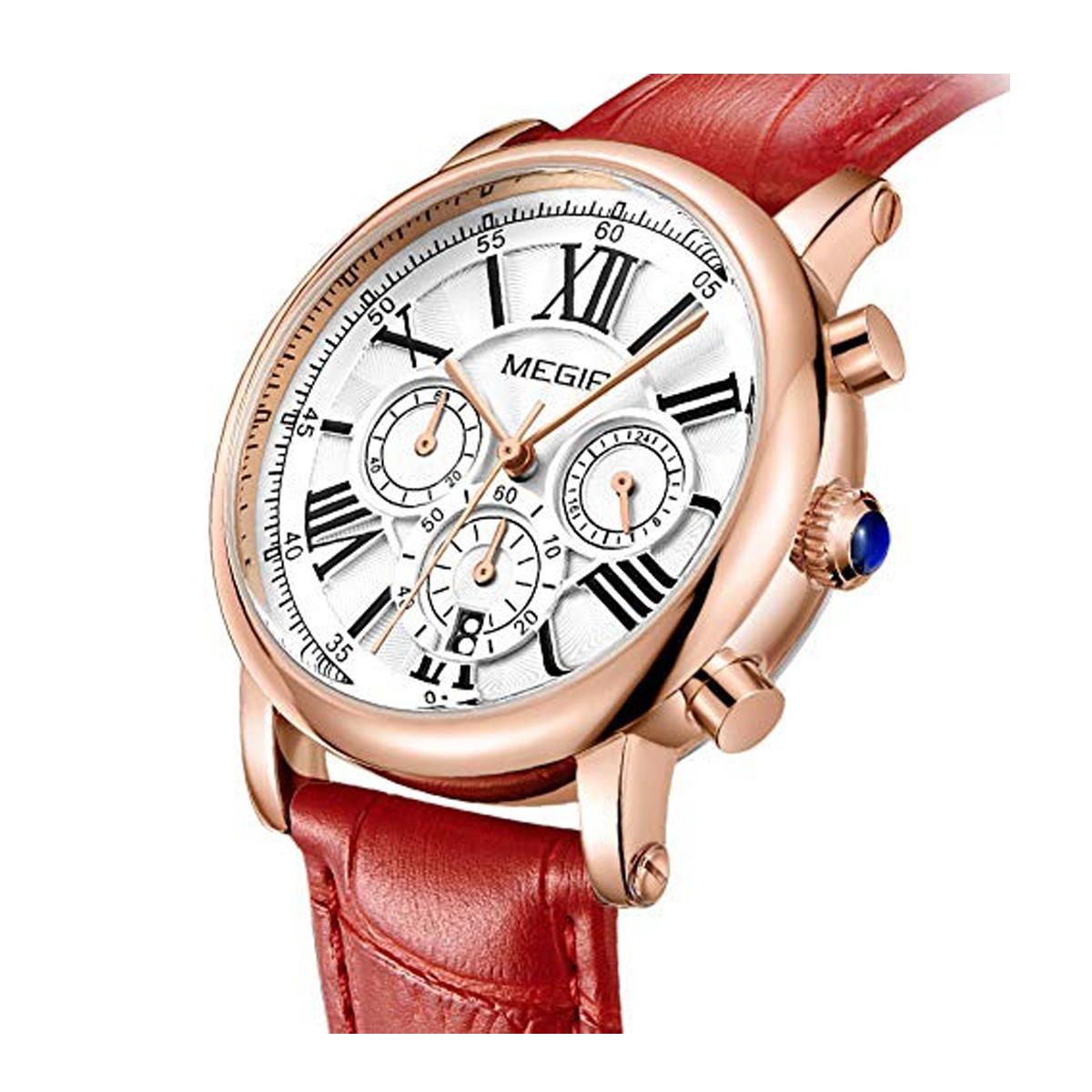 Megir Ladies Round Quartz Analogue Watch Red Rose Gold Smart Watches Leather - Picture 7 of 10