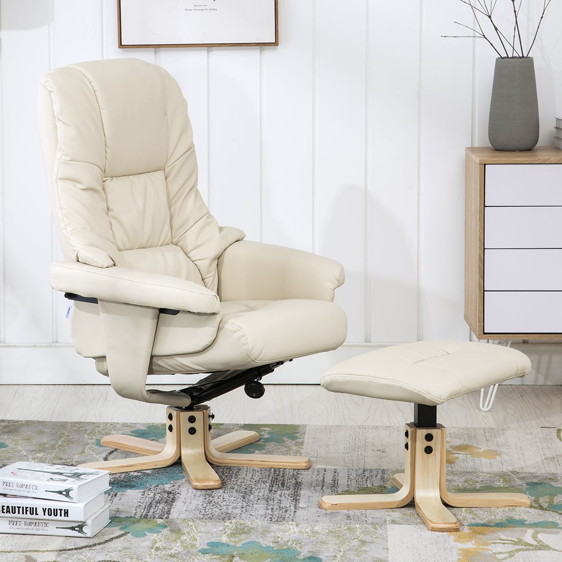 SORENTO REAL LEATHER CREAM SWIVEL RECLINER CHAIR w FOOT STOOL ARMCHAIR