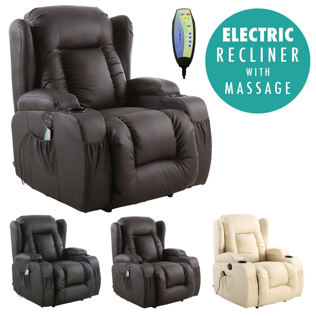 CAESAR ELECTRIC LEATHER AUTO RECLINER MASSAGE HEATED GAMING WING SOFA