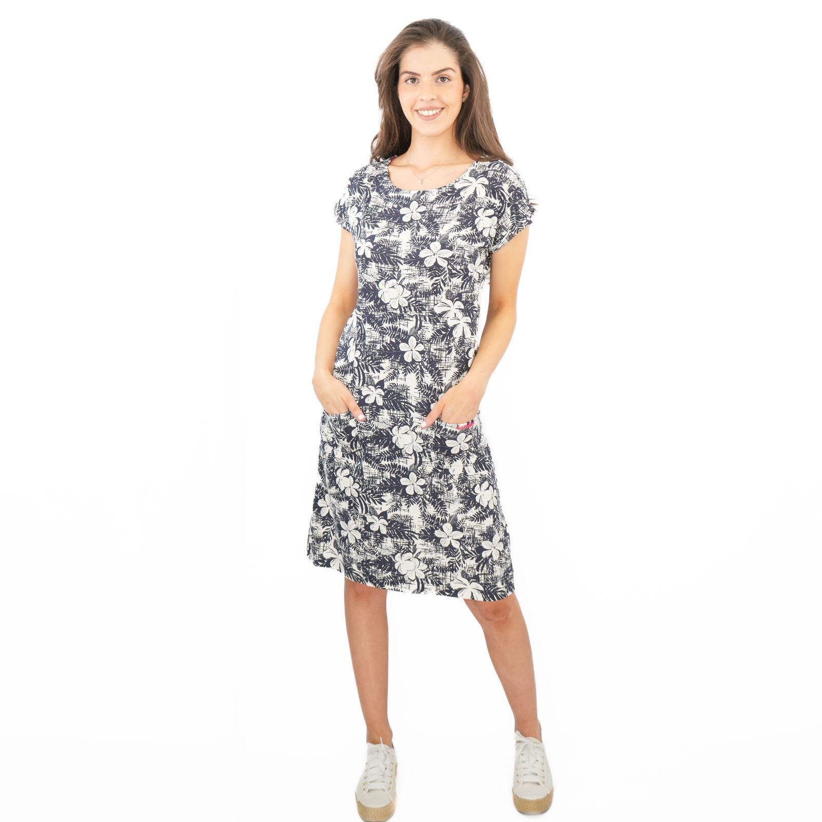 Womens Weird Fish Navy Dress Tallahassee Cotton Short Sleeve Knee Floral Summer - Picture 6 of 10