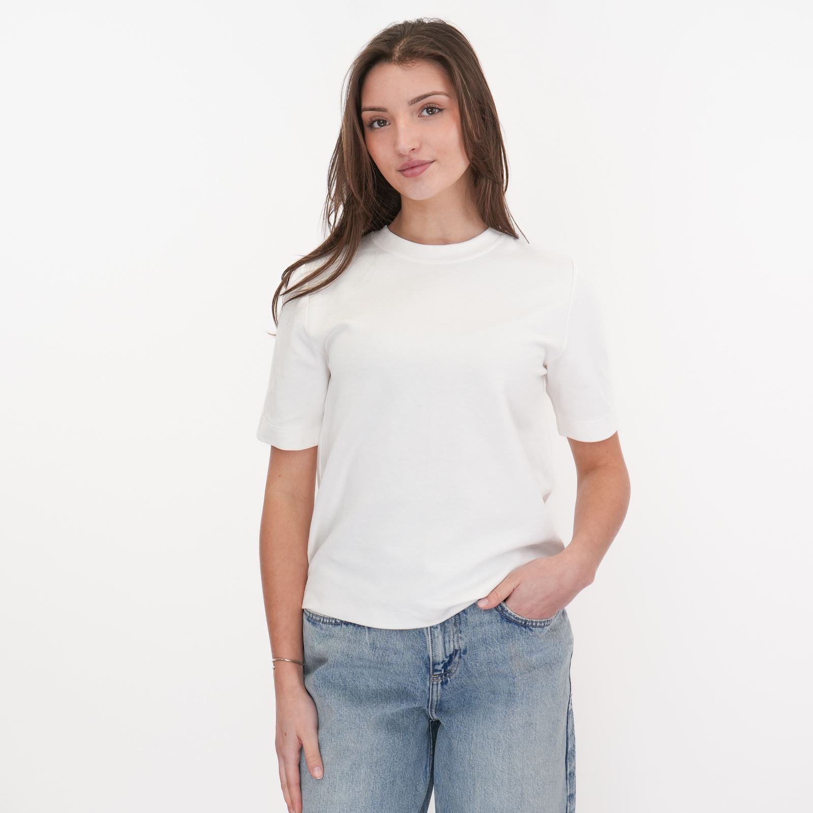 Womens M&S Autograph T-Shirt White Blue Crew Neck Short Sleeve Cotton Stretch