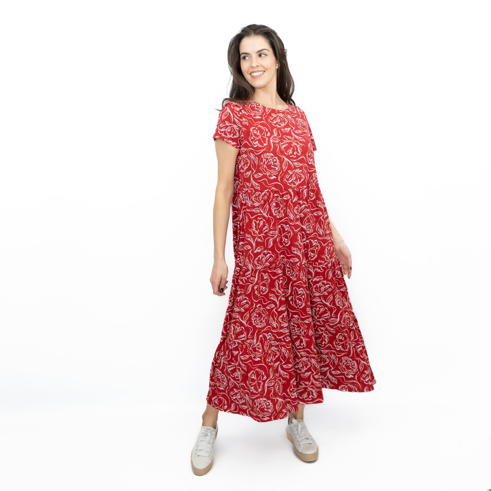 Womens Seasalt Red Floral Dress Line Strokes Midi Organic Cotton Short-Sleeve - Picture 28 of 29